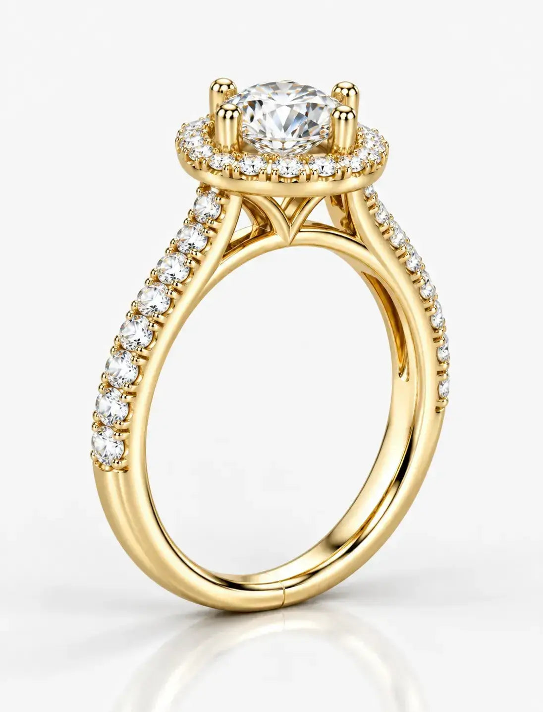 Round Diamond Engagement Ring Halo Set Diamond Solitaire with side Ring IGI Lab Grown in 18K Yellow Gold