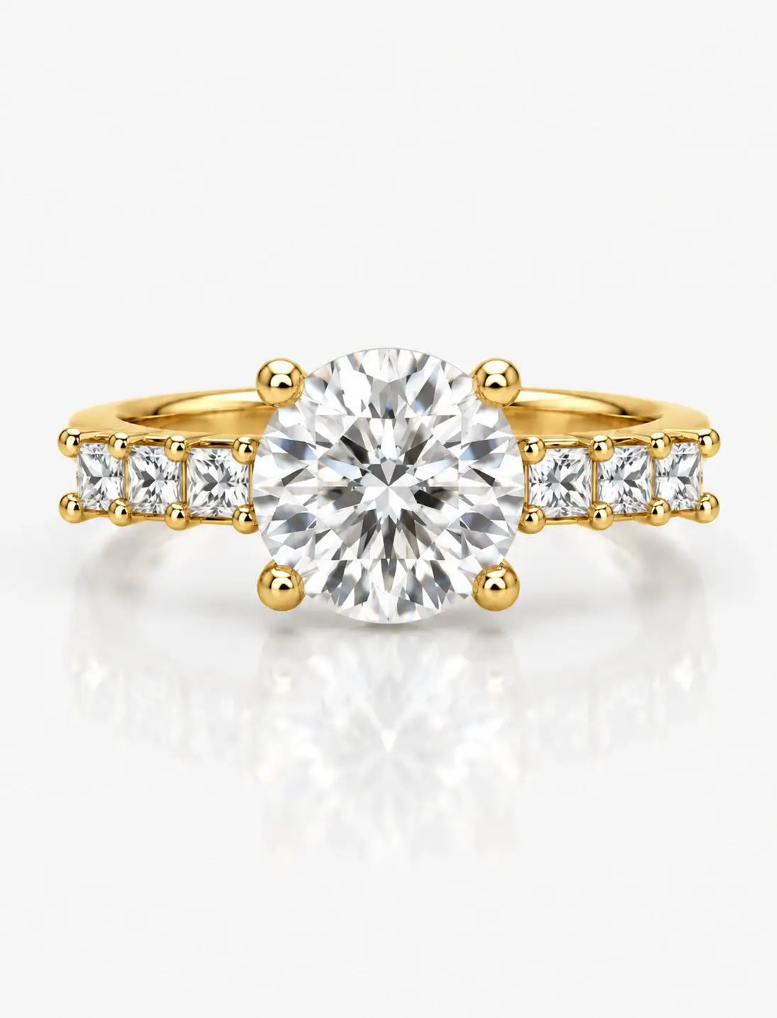Lab Grown Diamond IGI Certified Round & Princess Cut Diamond Claw Set Engagement Ring 18K Yellow Gold