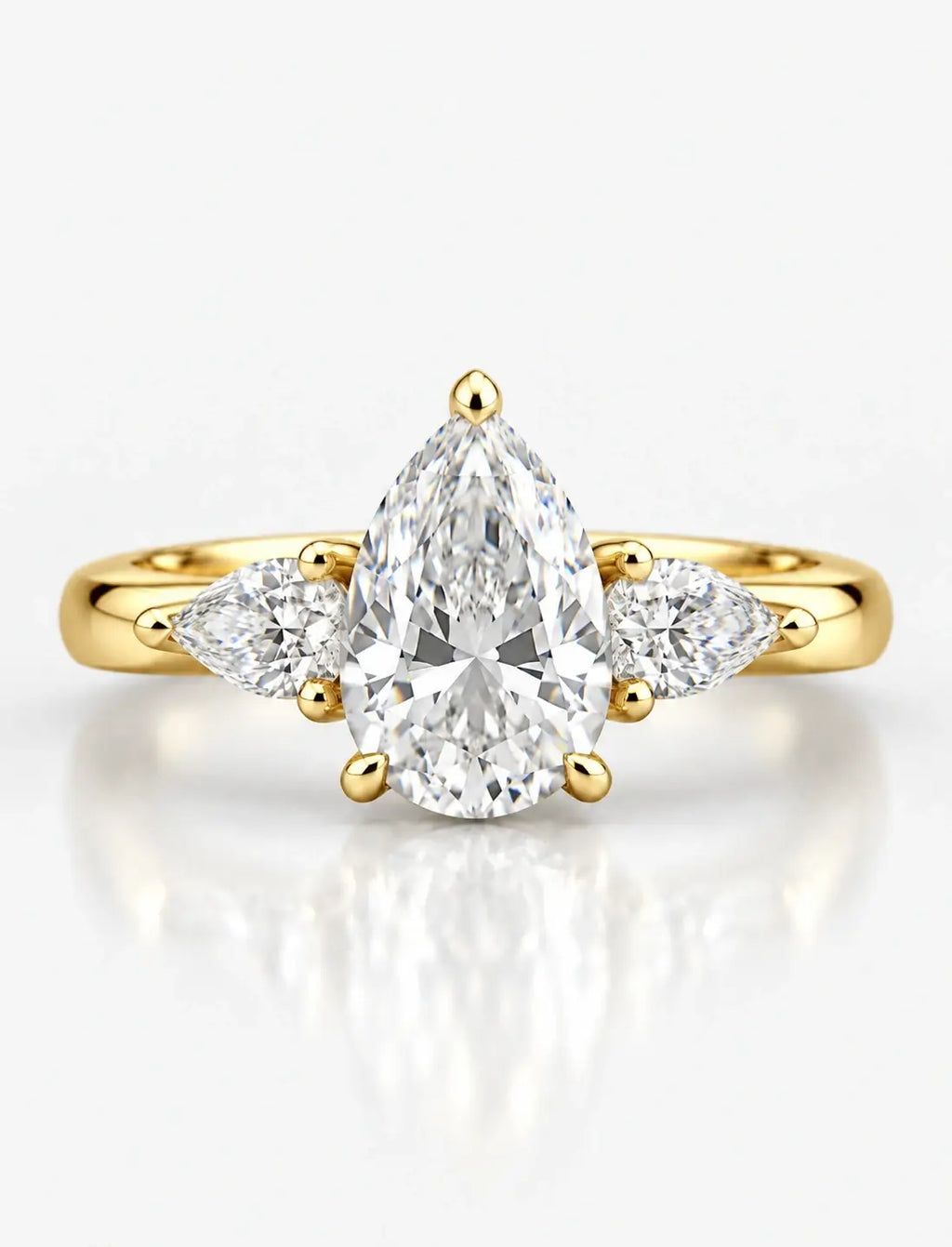Lab Grown Diamond IGI Certified Pear Cut Trilogy Diamond Claw Set Engagement Ring 18K Yellow Gold