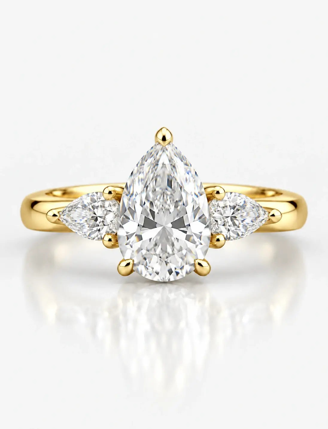 Lab Grown Diamond IGI Certified Pear Cut Trilogy Diamond Claw Set Engagement Ring 18K Yellow Gold