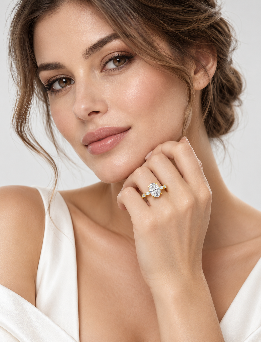 IGI Certified Lab Grown Oval Cut Diamond with Marquise Diamond Engagement Ring in 18K Yellow Gold