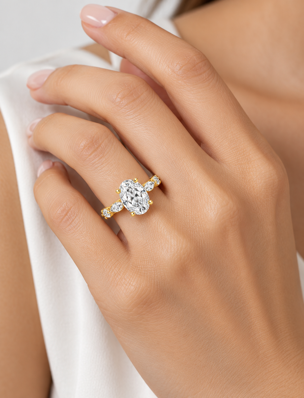 IGI Certified Lab Grown Oval Cut Diamond with Marquise Diamond Engagement Ring in 18K Yellow Gold