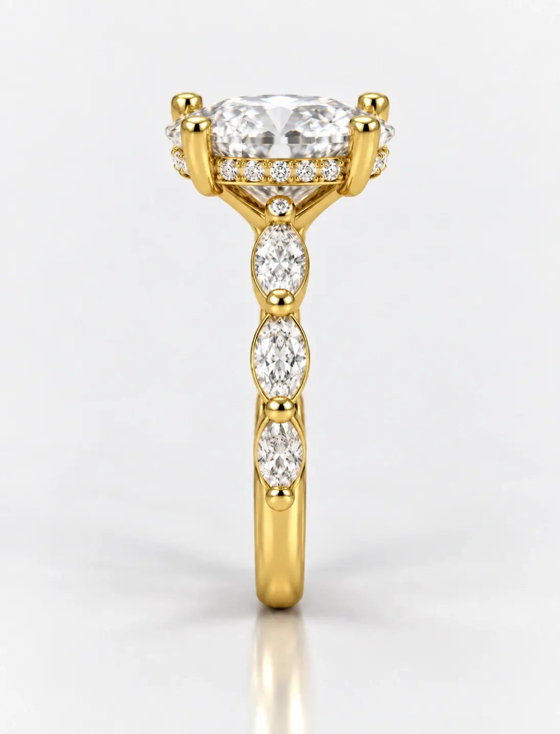 IGI Certified Lab Grown Oval Cut Diamond with Marquise Diamond Engagement Ring in 18K Yellow Gold