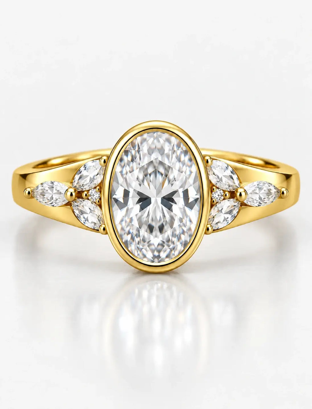 IGI Certified Lab Grown Oval diamond with Side Marquise & Round Diamond Bezel Set Engagement Ring 18k Yellow Gold