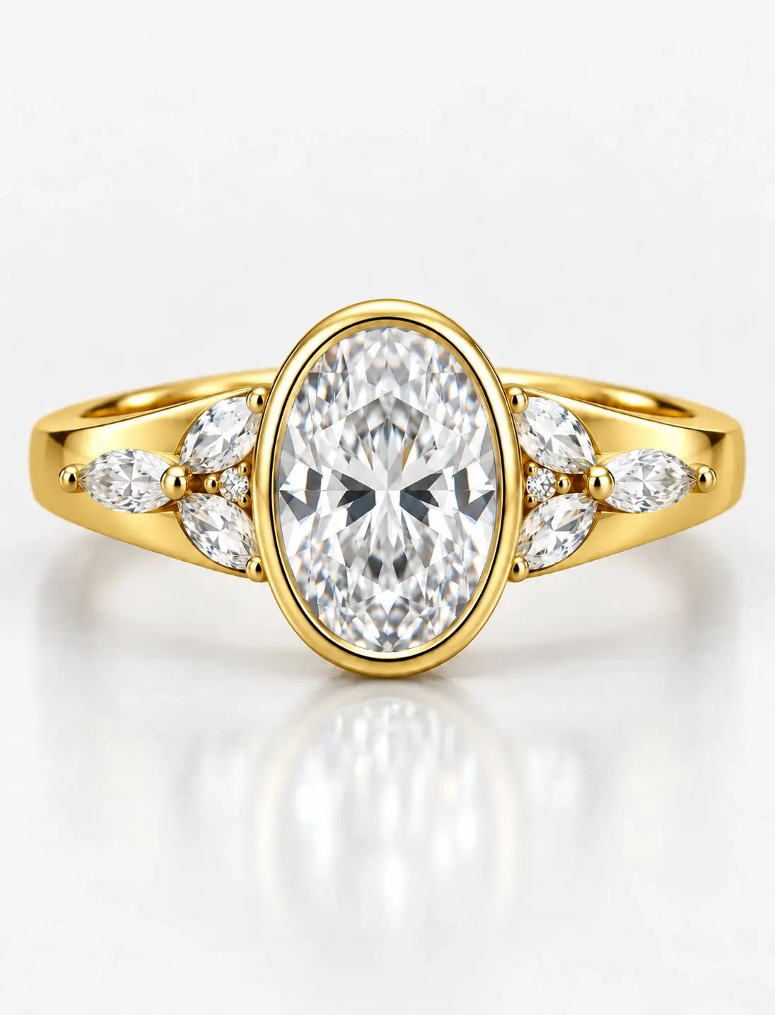 IGI Certified Lab Grown Oval diamond with Side Marquise & Round Diamond Bezel Set Engagement Ring 18k Yellow Gold