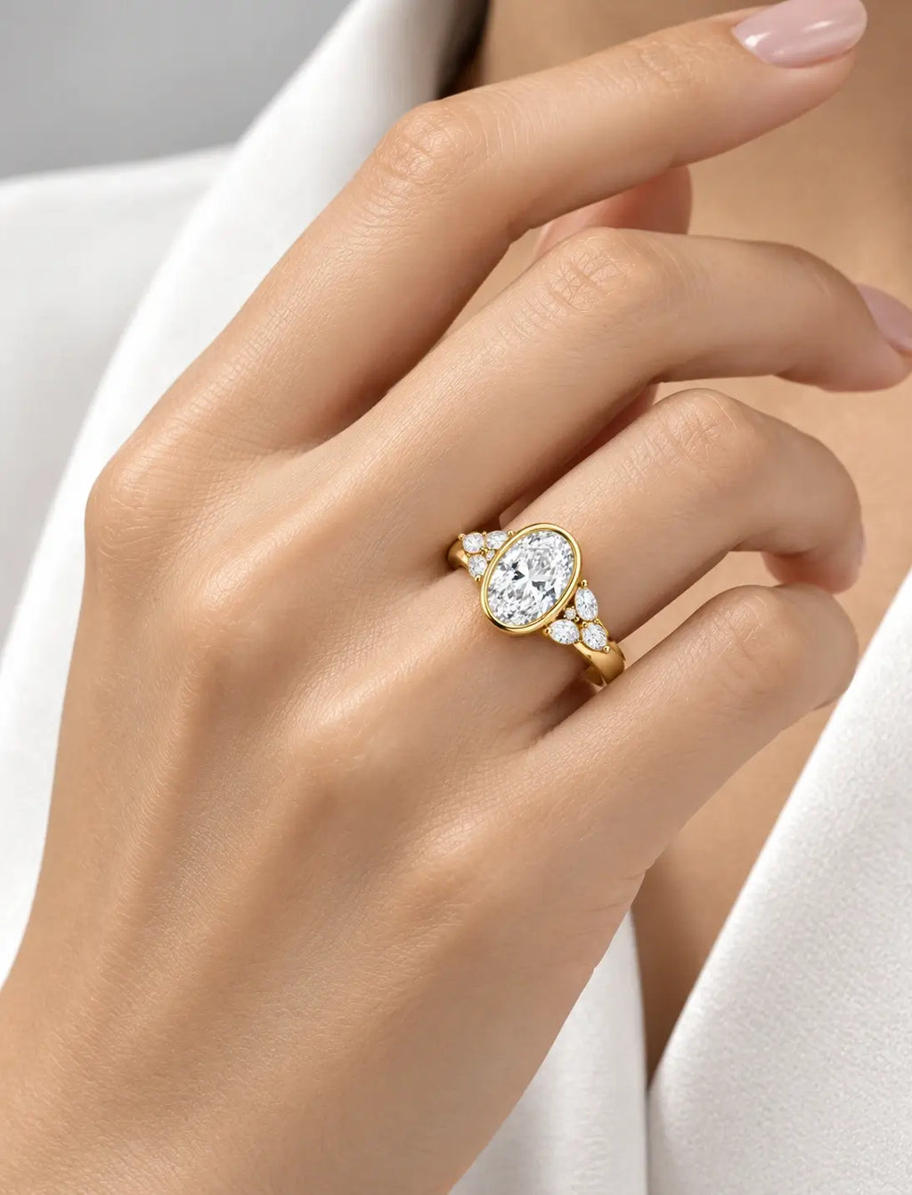 IGI Certified Lab Grown Oval diamond with Side Marquise & Round Diamond Bezel Set Engagement Ring 18k Yellow Gold