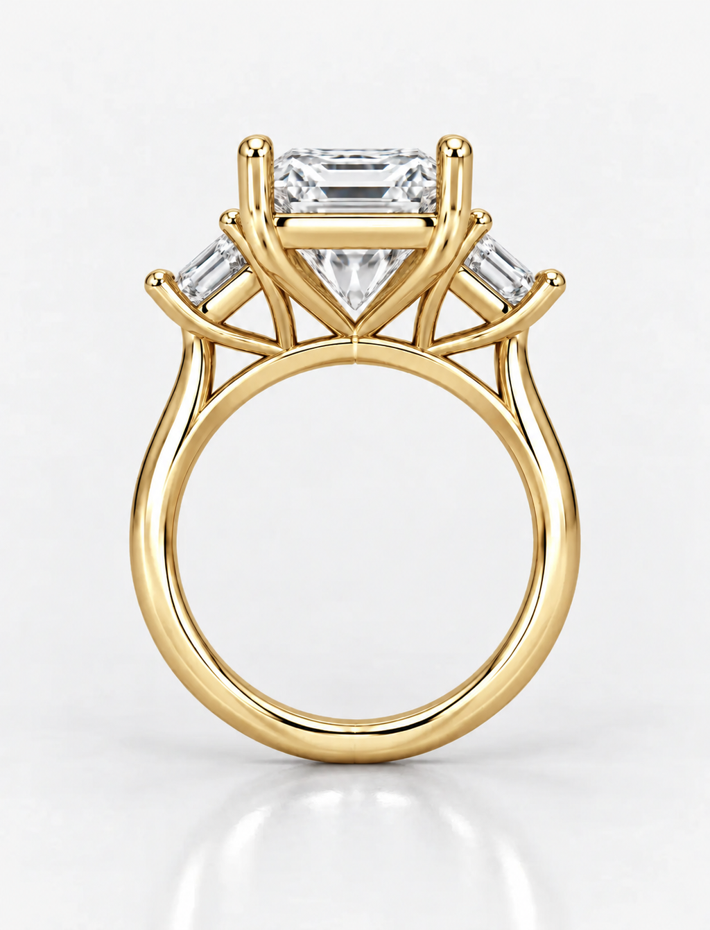 IGI Lab Grown The Classic Three-Stone Emerald Cut Diamond Engagement Ring with Trapezoid Side Stones in 18K Yellow Gold