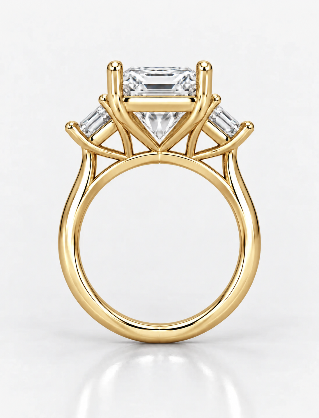 IGI Lab Grown The Classic Three-Stone Emerald Cut Diamond Engagement Ring with Trapezoid Side Stones in 18K Yellow Gold