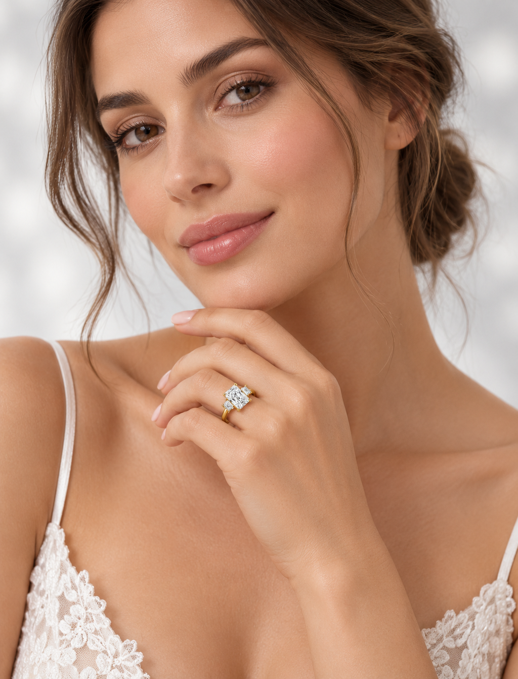 IGI Lab Grown The Classic Three-Stone Radiant Cut Diamond Engagement with Trapezoid Trilogy Ring in 18K Yellow Gold
