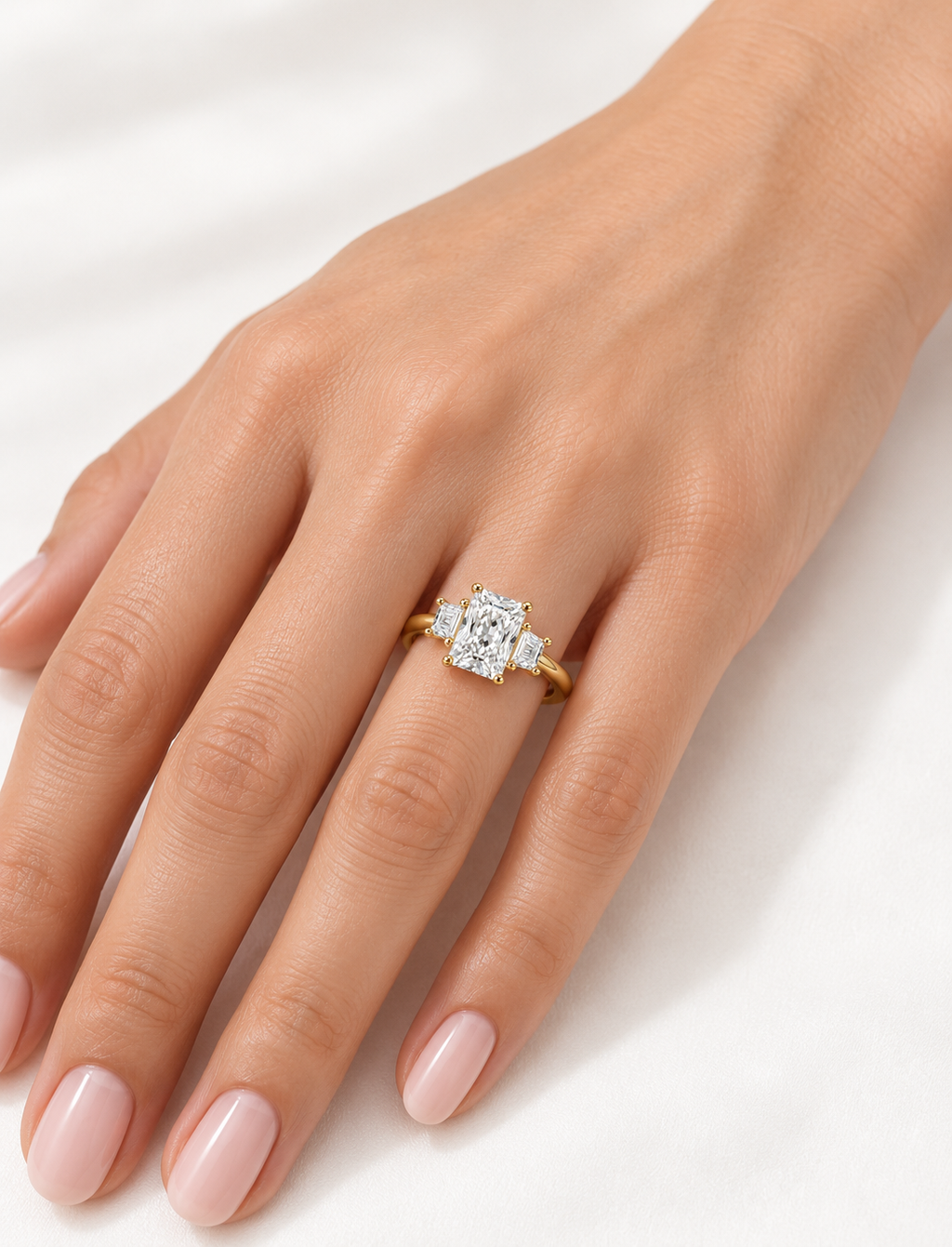 IGI Lab Grown The Classic Three-Stone Radiant Cut Diamond Engagement with Trapezoid Trilogy Ring in 18K Yellow Gold
