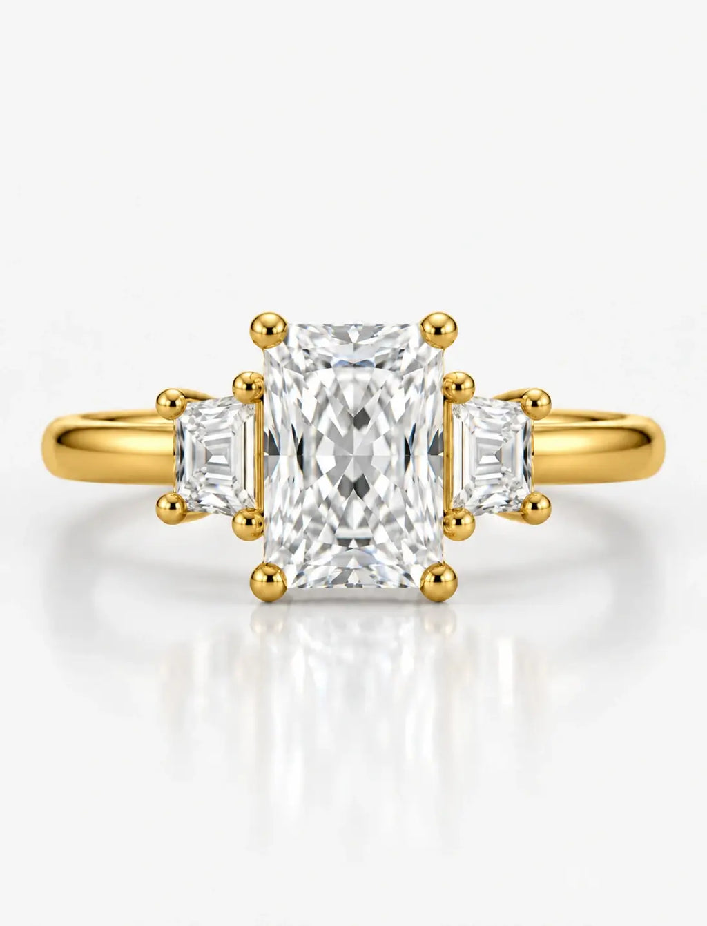 IGI Lab Grown The Classic Three-Stone Radiant Cut Diamond Engagement with Trapezoid Trilogy Ring in 18K Yellow Gold