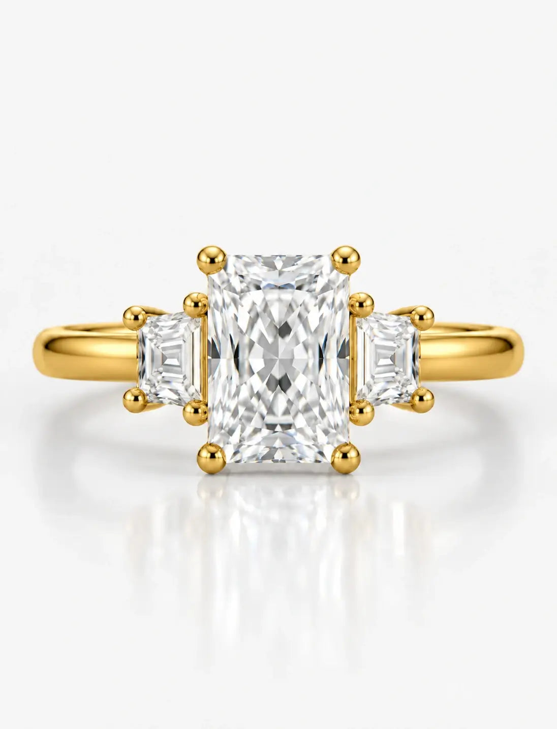 IGI Lab Grown The Classic Three-Stone Radiant Cut Diamond Engagement with Trapezoid Trilogy Ring in 18K Yellow Gold