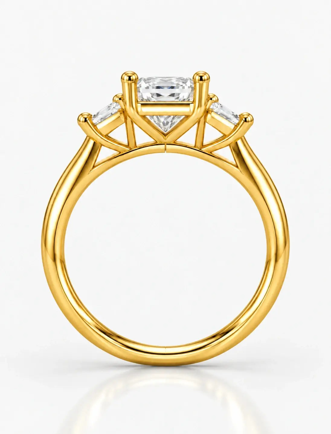 IGI Lab Grown The Classic Three-Stone Radiant Cut Diamond Engagement with Trapezoid Trilogy Ring in 18K Yellow Gold