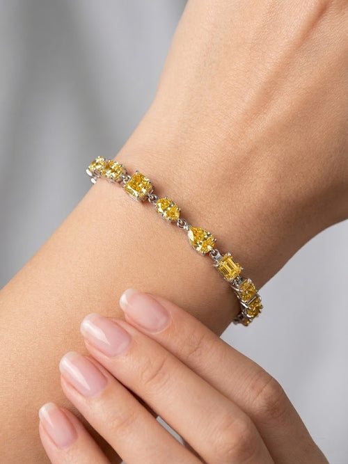12.60Ct Multi Shape Fancy Vivid Yellow Diamond Tennis Bracelet In Platinum 22grams