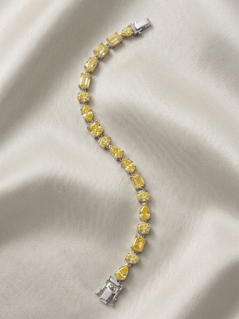 12.60Ct Multi Shape Fancy Vivid Yellow Diamond Tennis Bracelet In Platinum 22grams