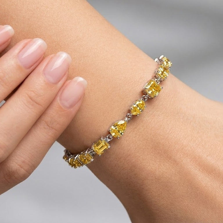 12.60Ct Multi Shape Fancy Vivid Yellow Diamond Tennis Bracelet In Platinum 22grams