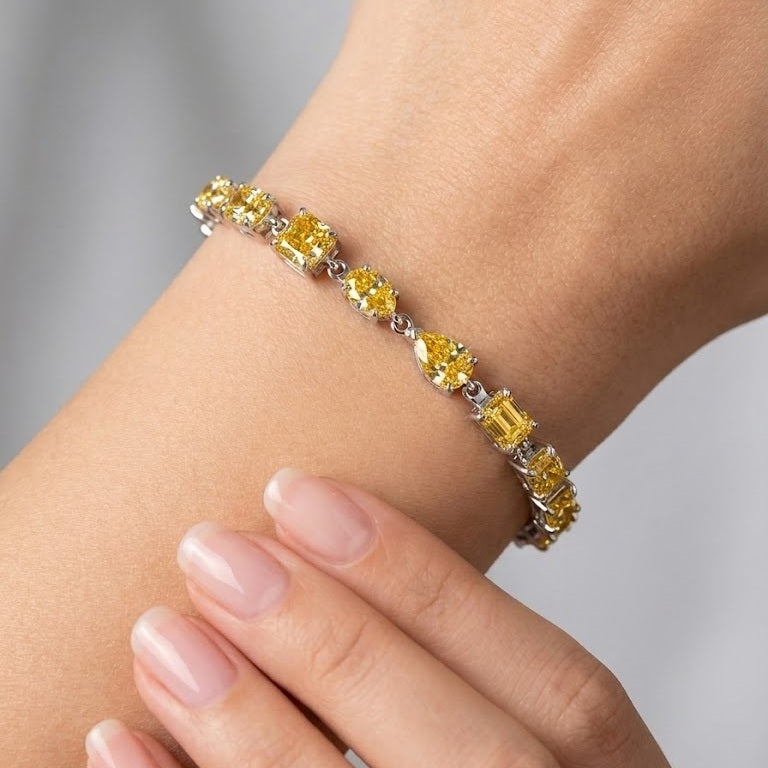 12.60Ct Multi Shape Fancy Vivid Yellow Diamond Tennis Bracelet In Platinum 22grams