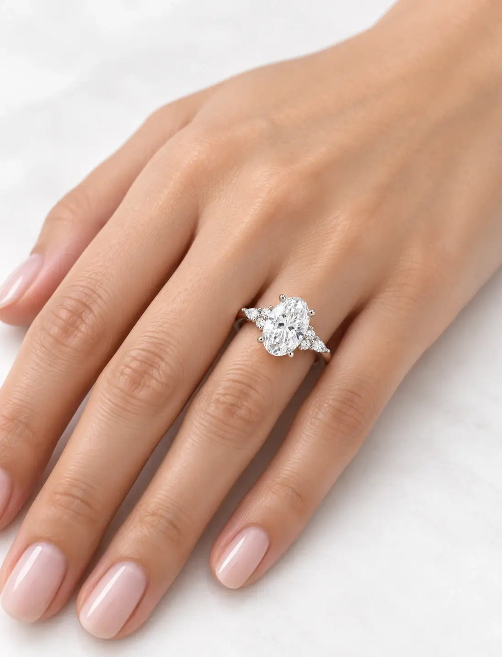 Oval Diamond Engagement Ring with side Marquise & Round DIamond IGI Certified Lab Grown Ring in Platinum