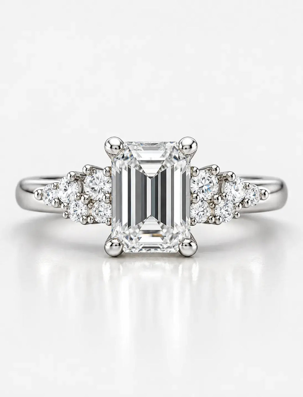 Emerald-Cut Diamond Engagement Ring Claw Set with side Round Diamond in Platinum Lab IGI