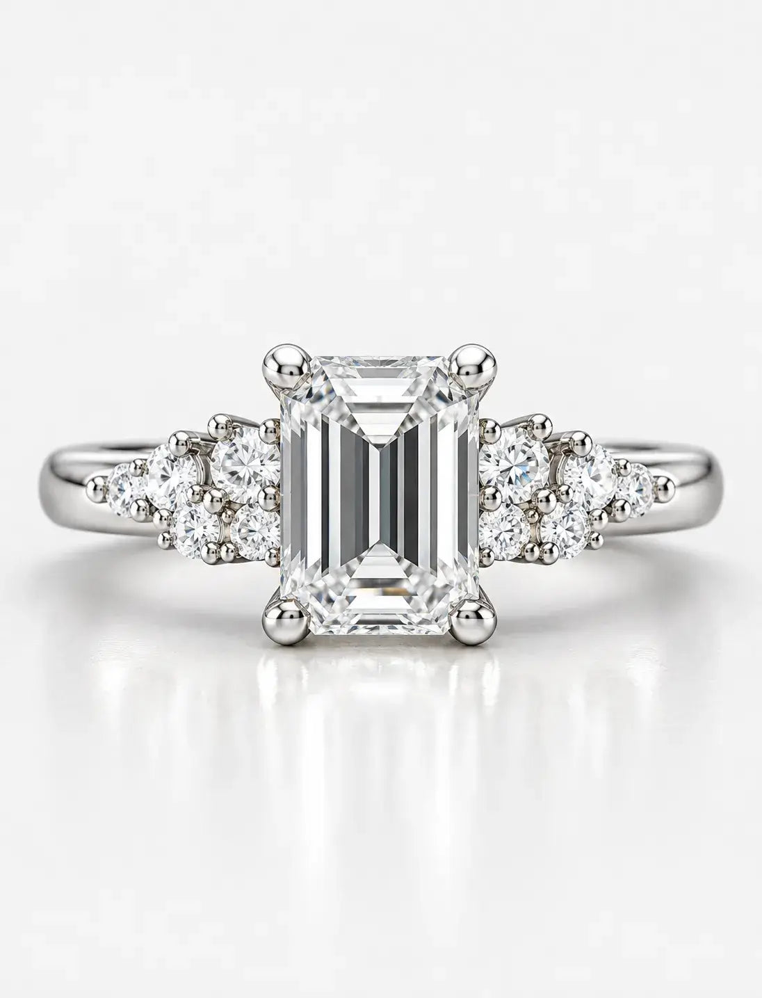 Emerald-Cut Diamond Engagement Ring Claw Set with side Round Diamond in Platinum Lab IGI