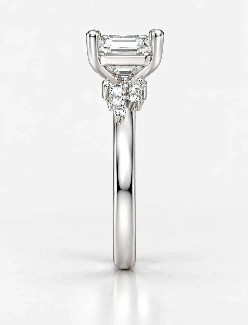 Emerald-Cut Diamond Engagement Ring Claw Set with side Round Diamond in Platinum Lab IGI