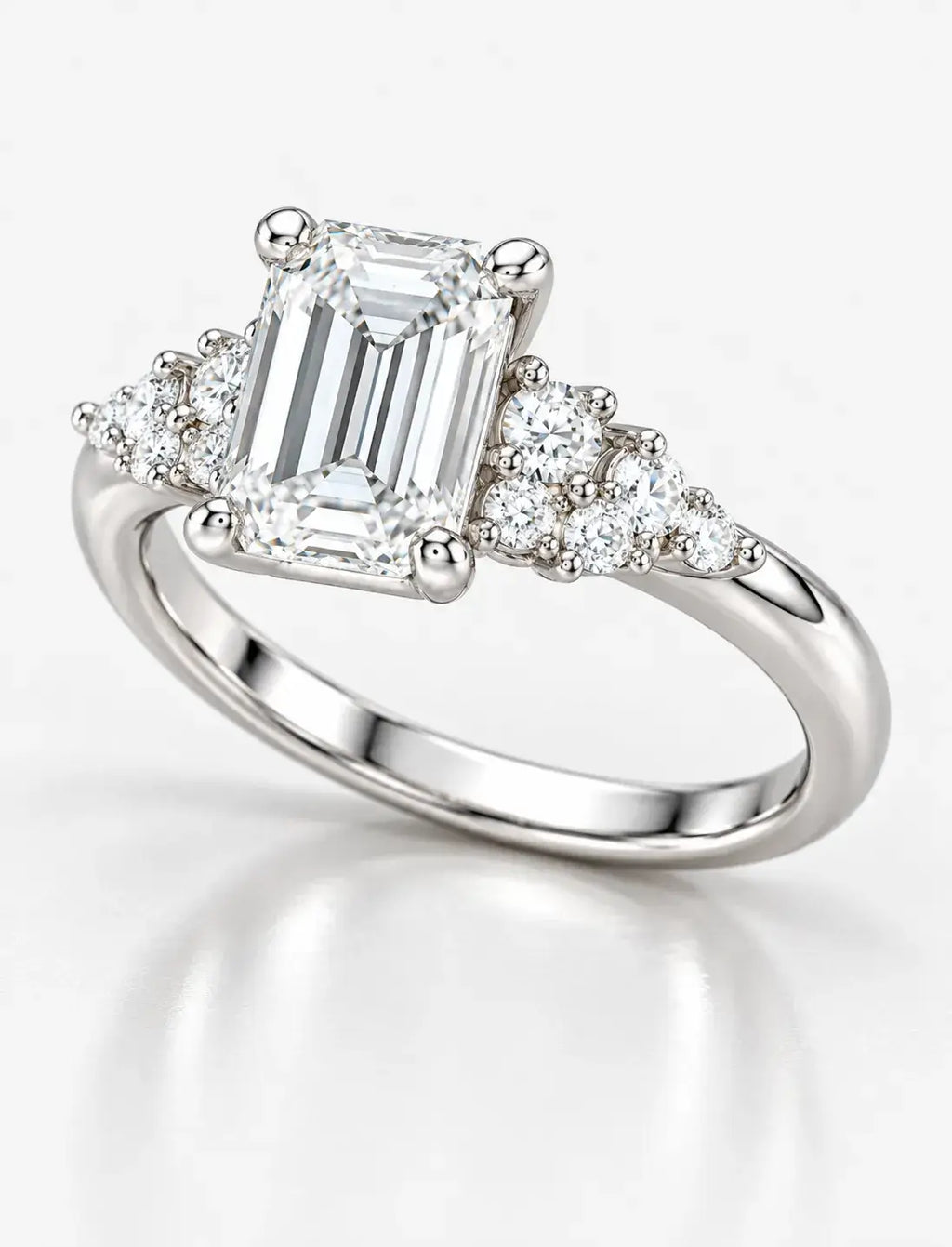 Emerald-Cut Diamond Engagement Ring Claw Set with side Round Diamond in Platinum Lab IGI