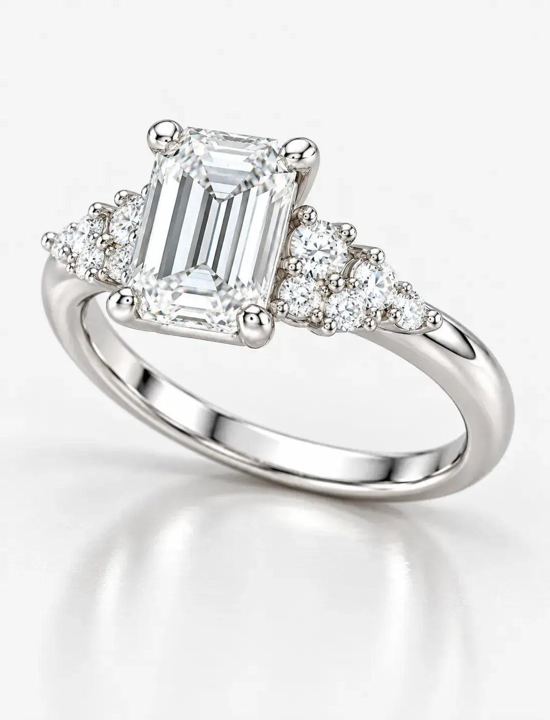 Emerald-Cut Diamond Engagement Ring Claw Set with side Round Diamond in Platinum Lab IGI