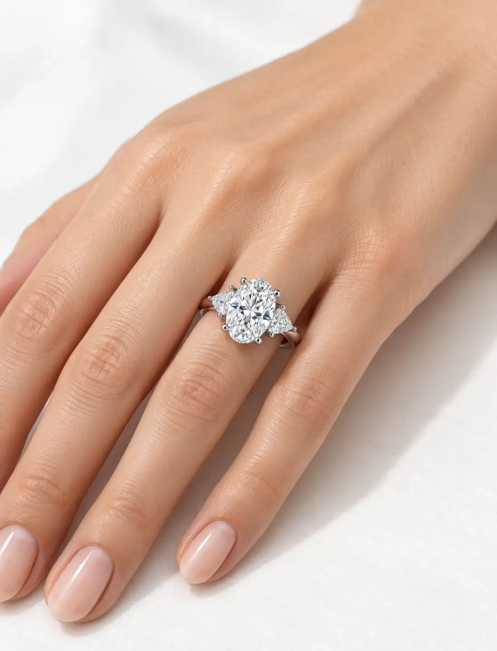 Lab Grown IGI Certified Oval With Side Trillion Engagement Three Stone Engagement Ring Platinum