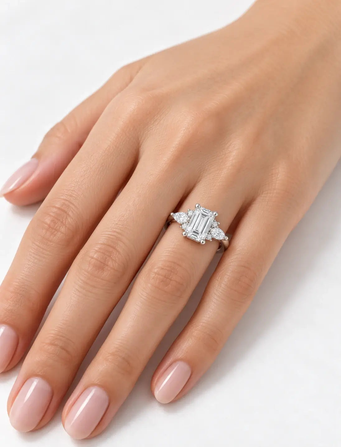 Lab Grown IGI Certified 1.25Ct Emerald & Marquise Round Diamond Engagement Ring Platinum