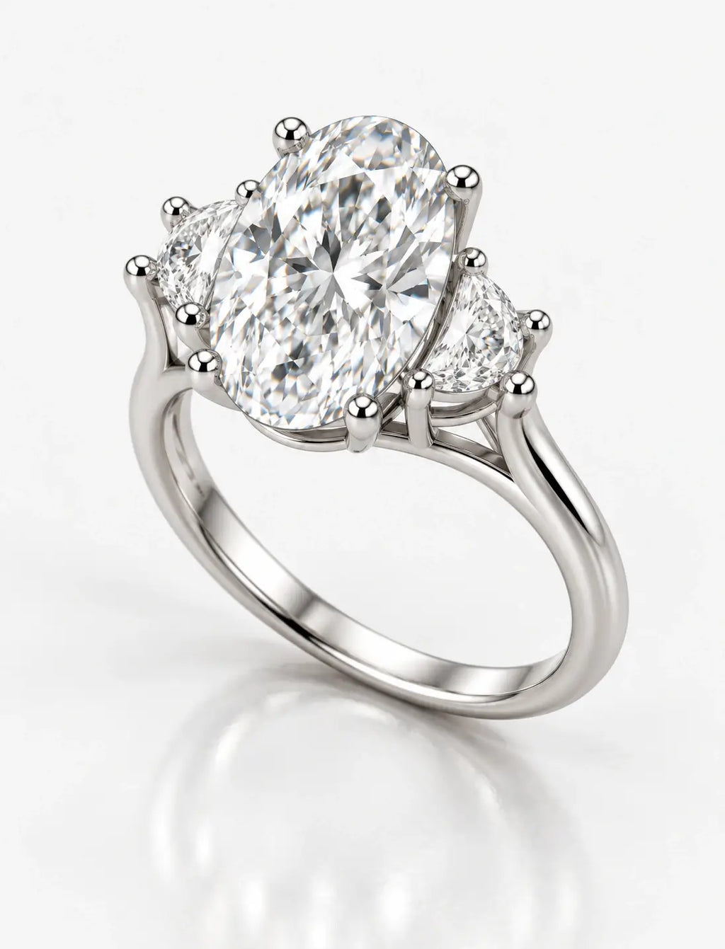 Lab Grown IGI Certified Oval With Side Half Moon Diamond Trilogy Engagement Ring Platinum