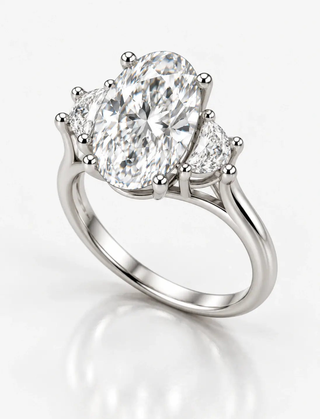 Lab Grown IGI Certified Oval With Side Half Moon Diamond Trilogy Engagement Ring Platinum