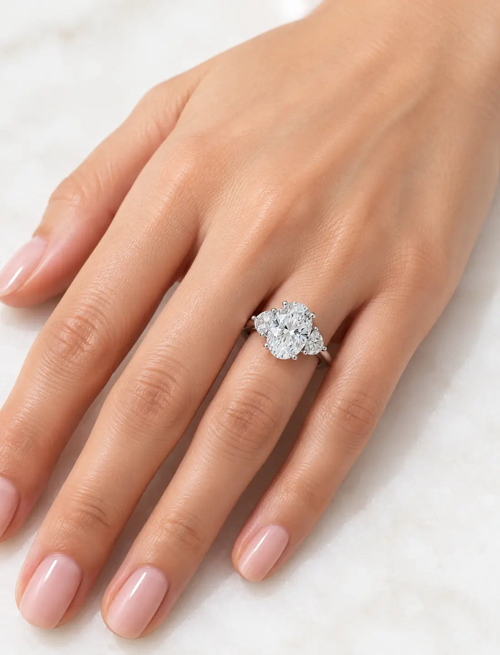 Lab Grown IGI Certified Oval With Side Half Moon Diamond Trilogy Engagement Ring Platinum