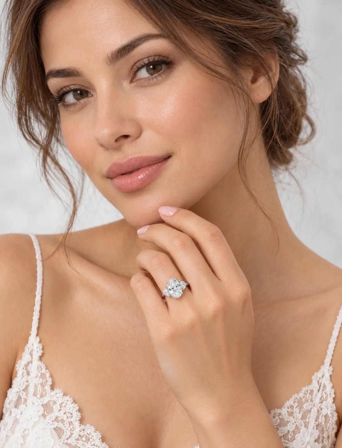Lab Grown IGI Certified Oval With Side Half Moon Diamond Trilogy Engagement Ring Platinum