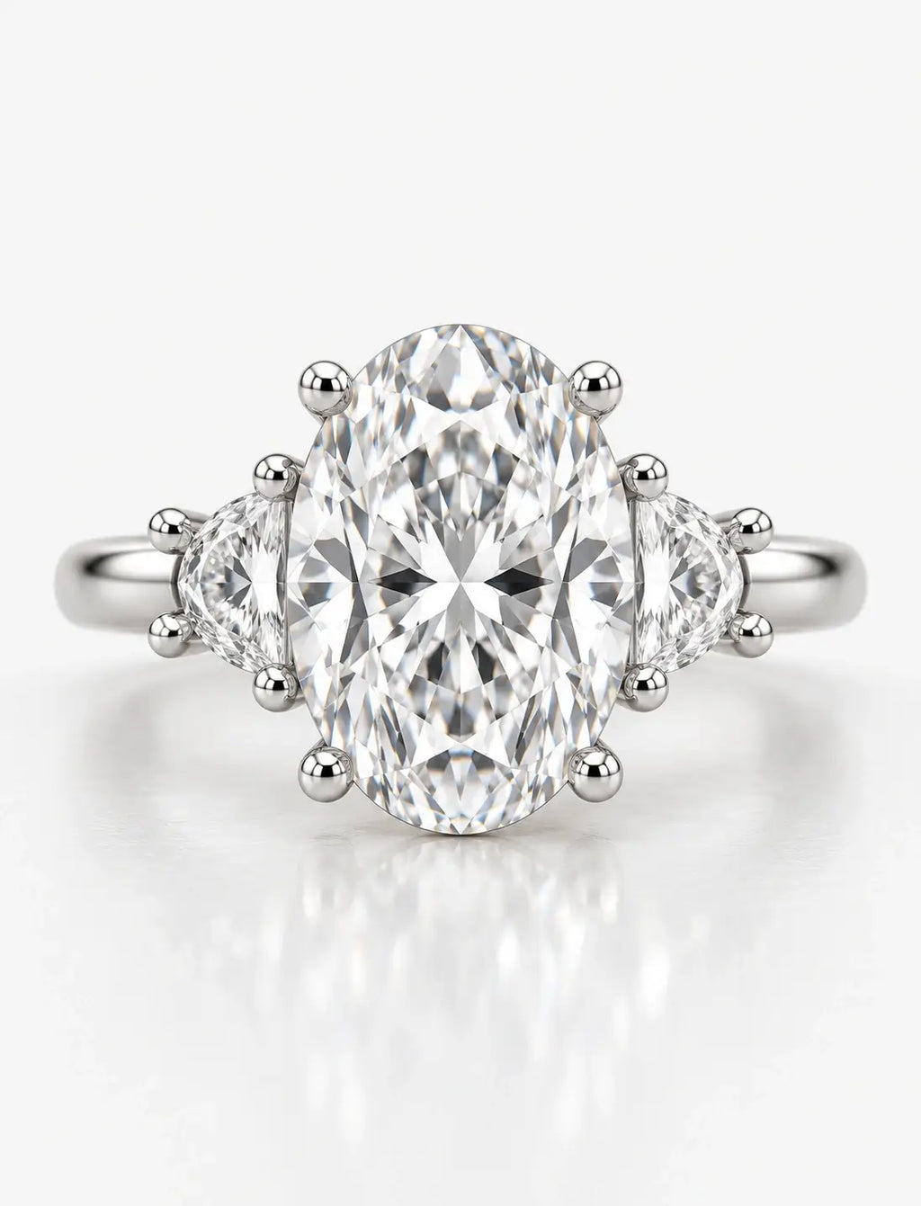 Lab Grown IGI Certified Oval With Side Half Moon Diamond Trilogy Engagement Ring Platinum