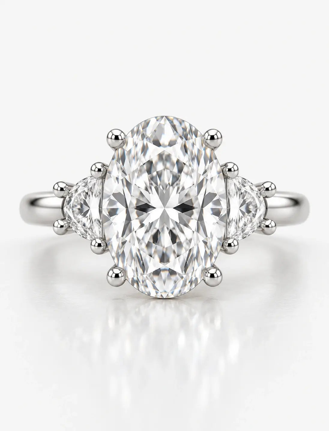 Lab Grown IGI Certified Oval With Side Half Moon Diamond Trilogy Engagement Ring Platinum