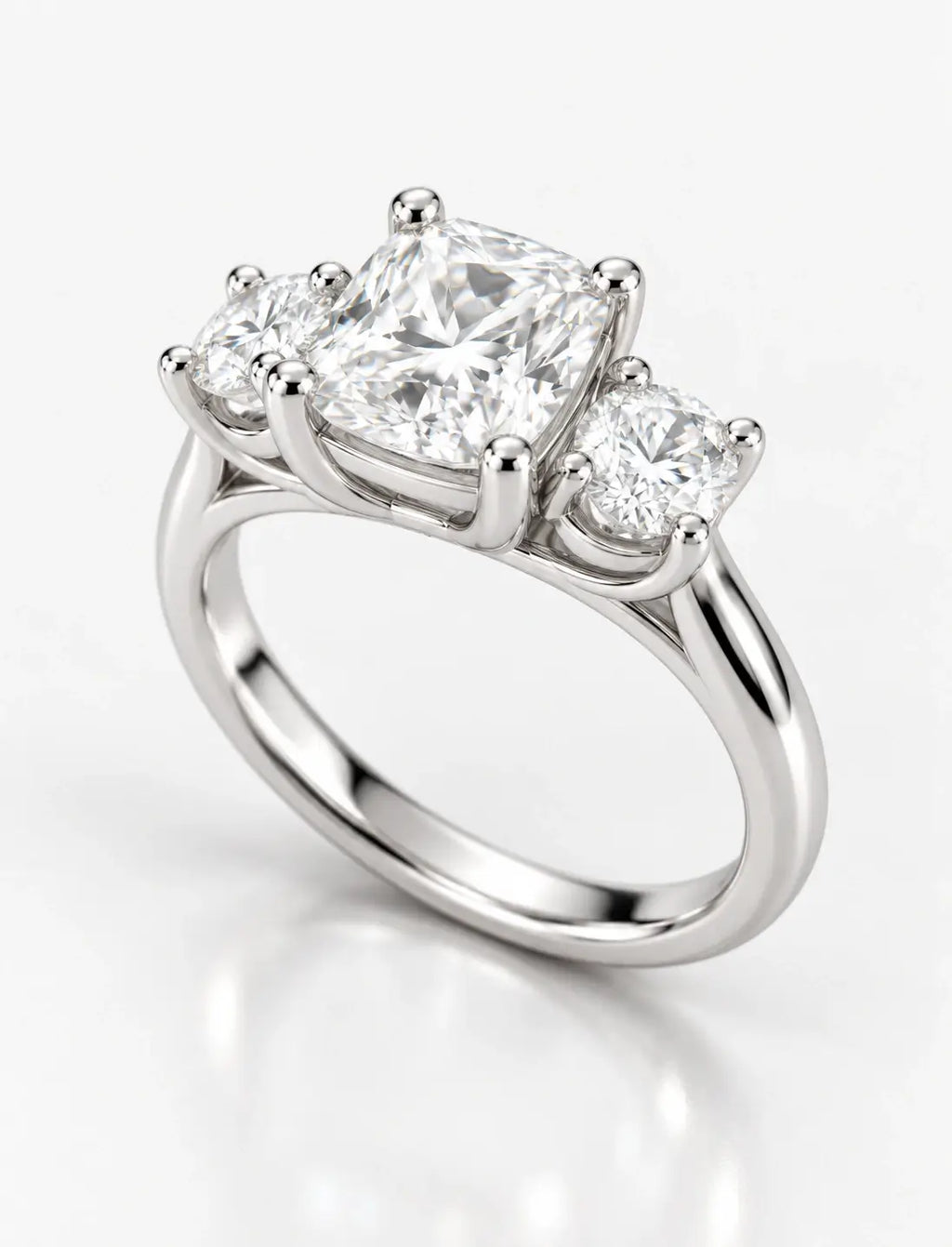 IGI Certified Lab Grown Cushion-Cut Three-Stone Diamond Engagement Ring in Gold & Platinum