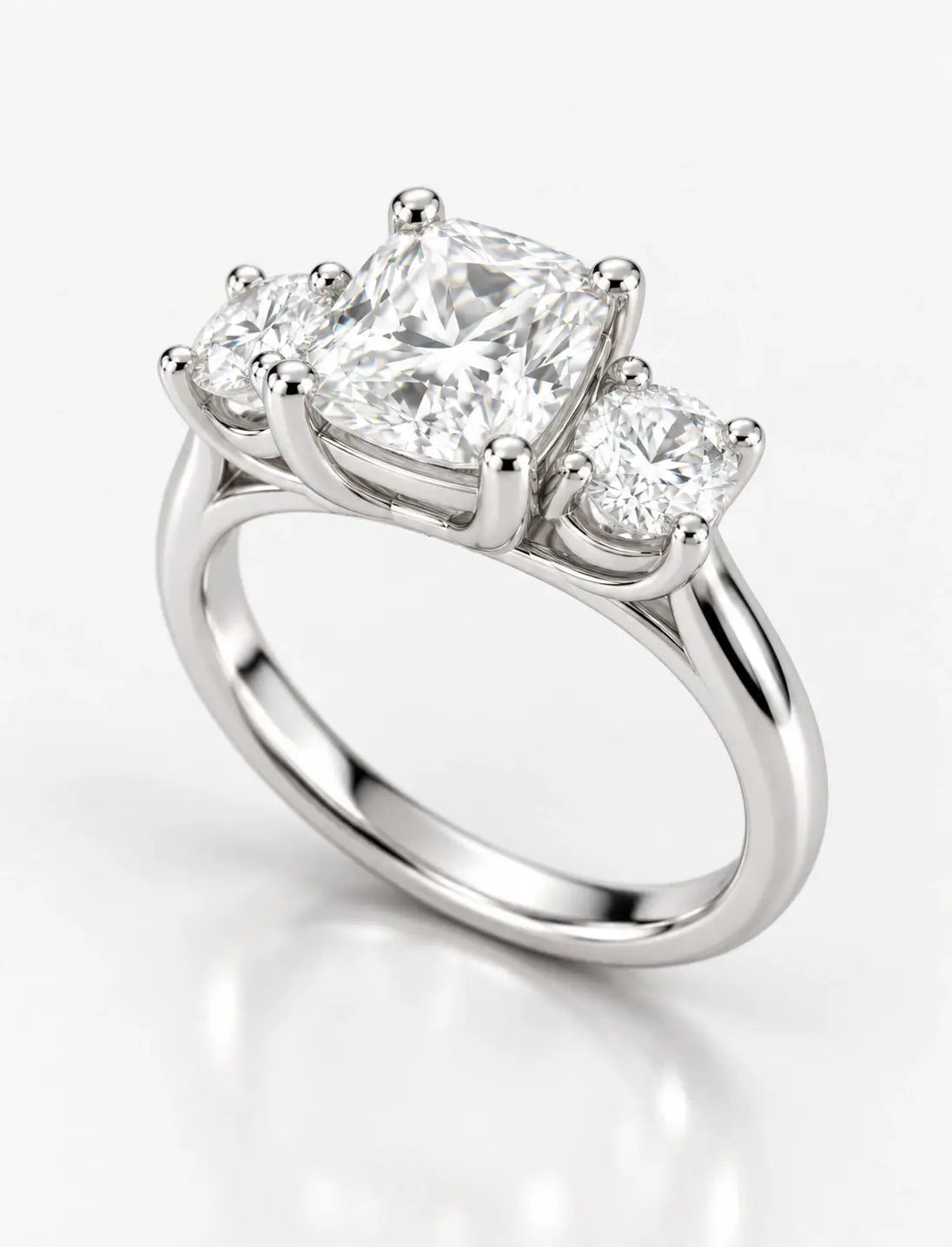 IGI Certified Lab Grown Cushion-Cut Three-Stone Diamond Engagement Ring in Gold & Platinum