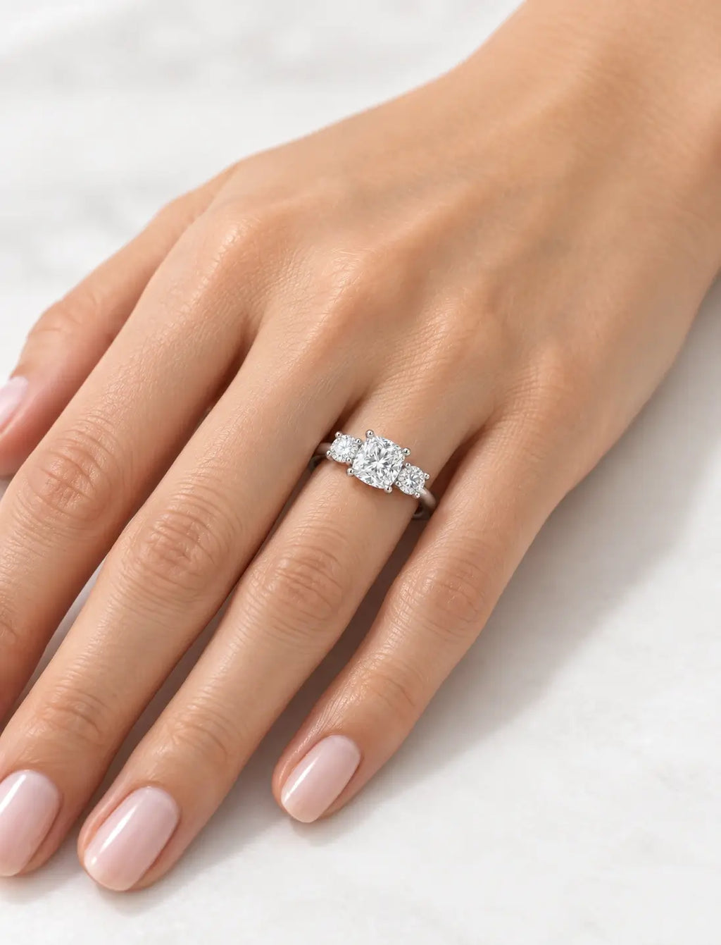 IGI Certified Lab Grown Cushion-Cut Three-Stone Diamond Engagement Ring in Gold & Platinum