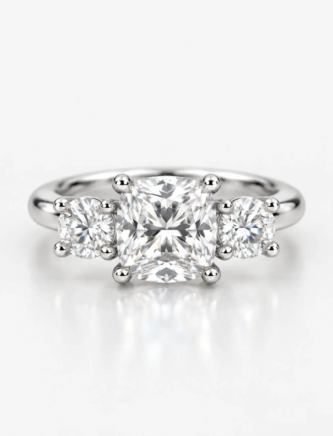 IGI Certified Lab Grown Cushion-Cut Three-Stone Diamond Engagement Ring in Gold & Platinum