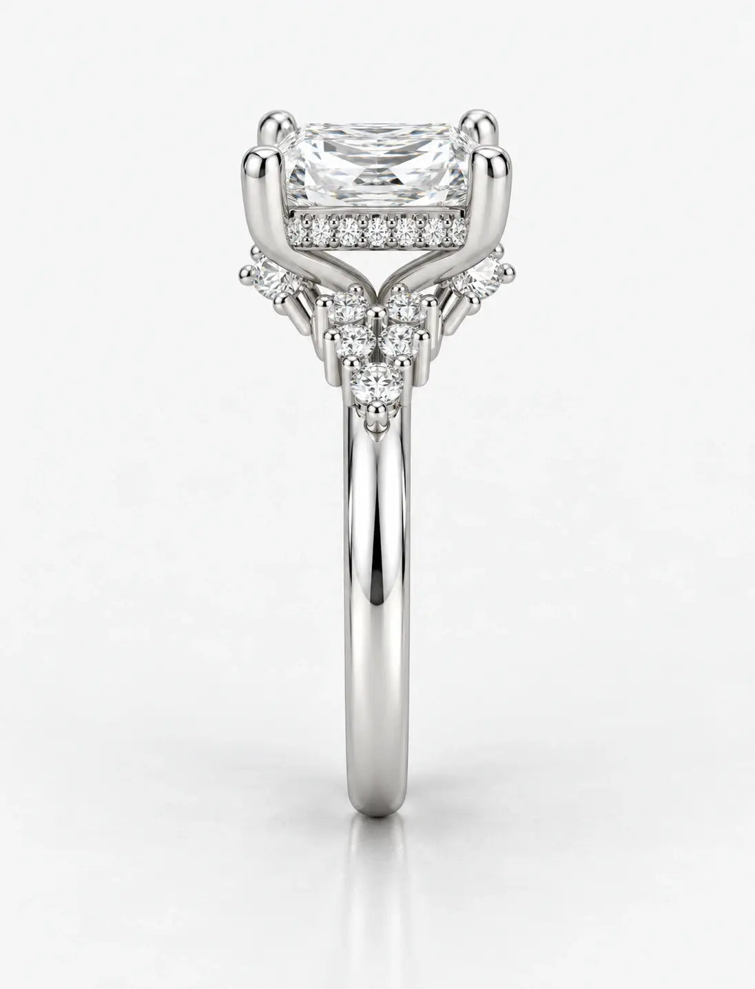 Lab IGI Certified Radiant Cut Diamond with side Round Diamond Hidden Halo Engagement Ring Platinum