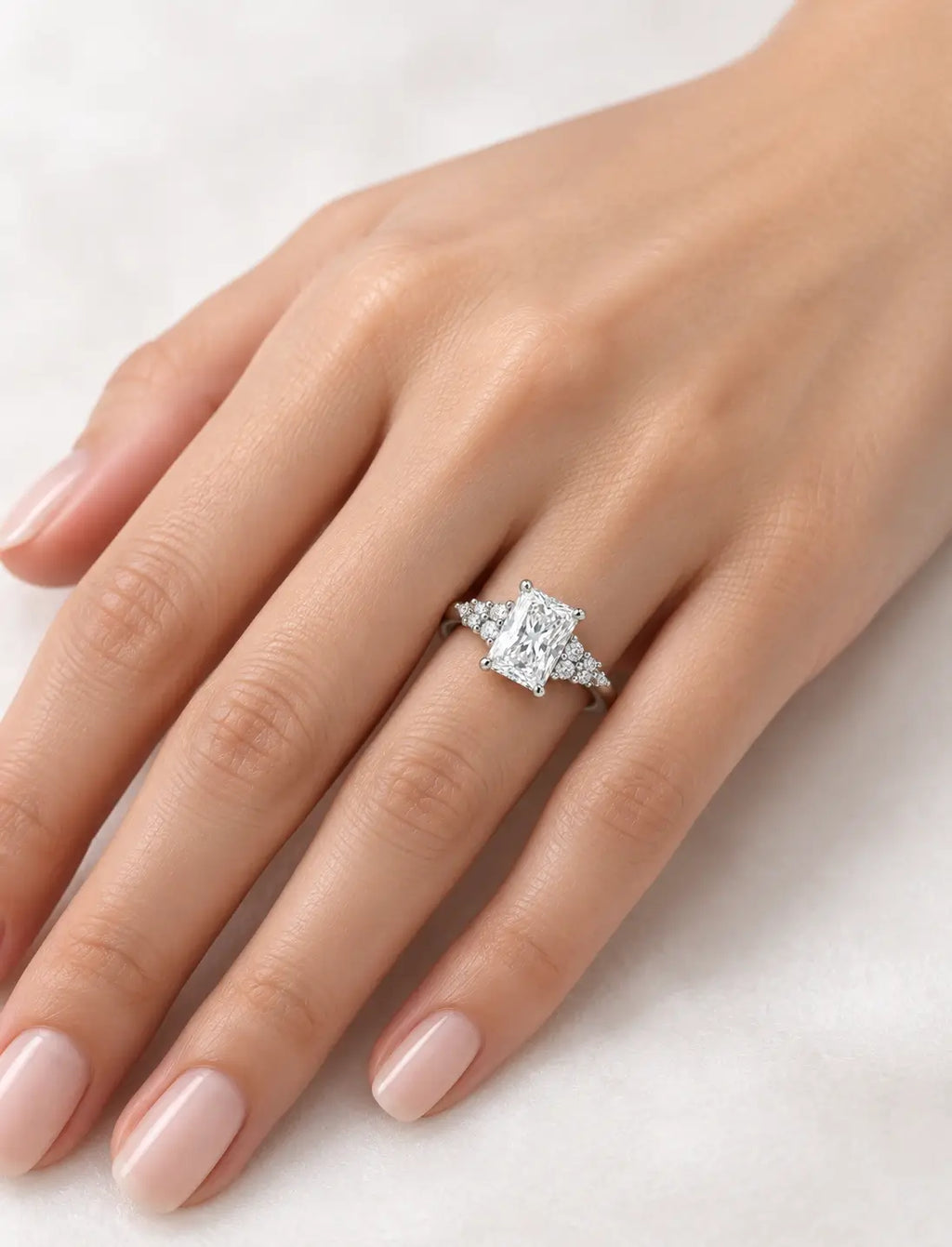 Lab IGI Certified Radiant Cut Diamond with side Round Diamond Hidden Halo Engagement Ring Platinum