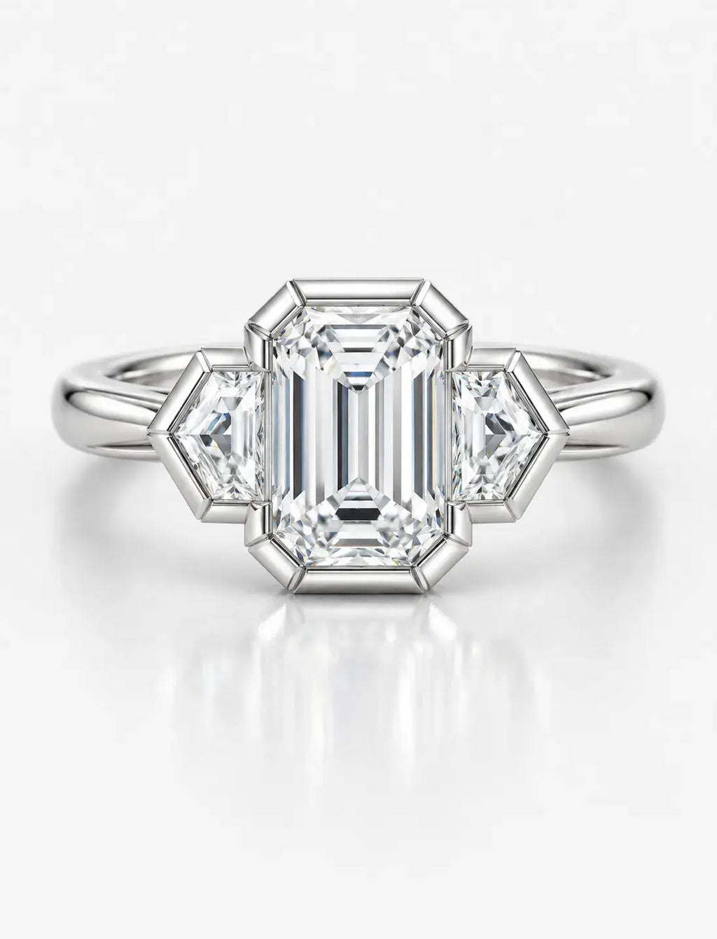 Emerald Diamond Engagement Ring With Side Half Hexagon Diamond Trilogy Ring in Platinum Lab Grown IGI Certified