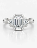Emerald Diamond Engagement Ring With Side Half Hexagon Diamond Trilogy Ring in Platinum Lab Grown IGI Certified