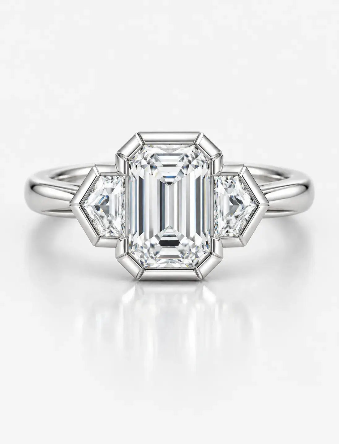 Emerald Diamond Engagement Ring With Side Half Hexagon Diamond Trilogy Ring in Platinum Lab Grown IGI Certified