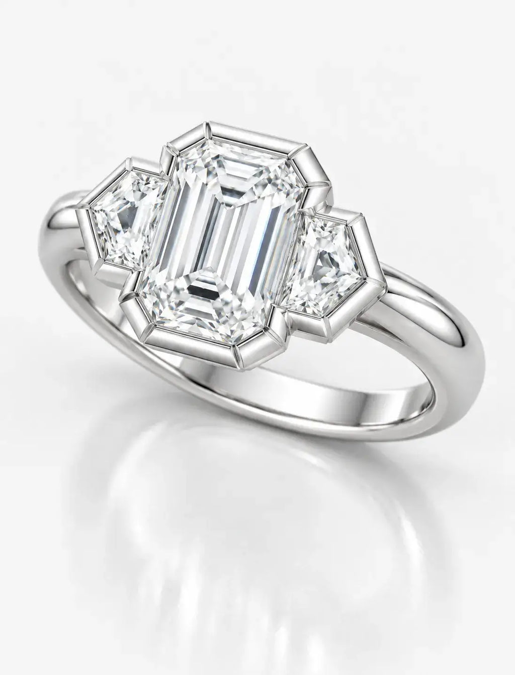 Emerald Diamond Engagement Ring With Side Half Hexagon Diamond Trilogy Ring in Platinum Lab Grown IGI Certified