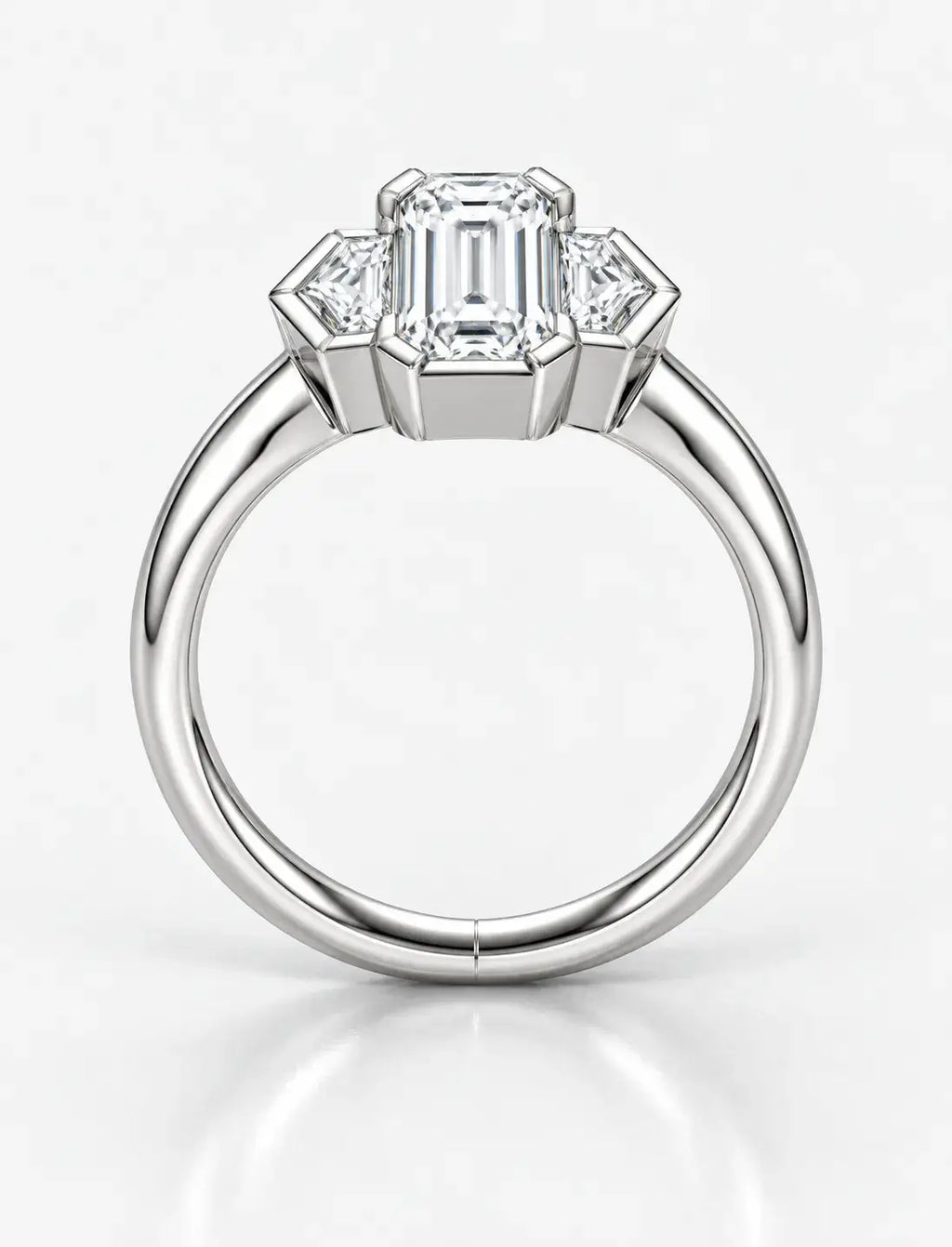 Emerald Diamond Engagement Ring With Side Half Hexagon Diamond Trilogy Ring in Platinum Lab Grown IGI Certified