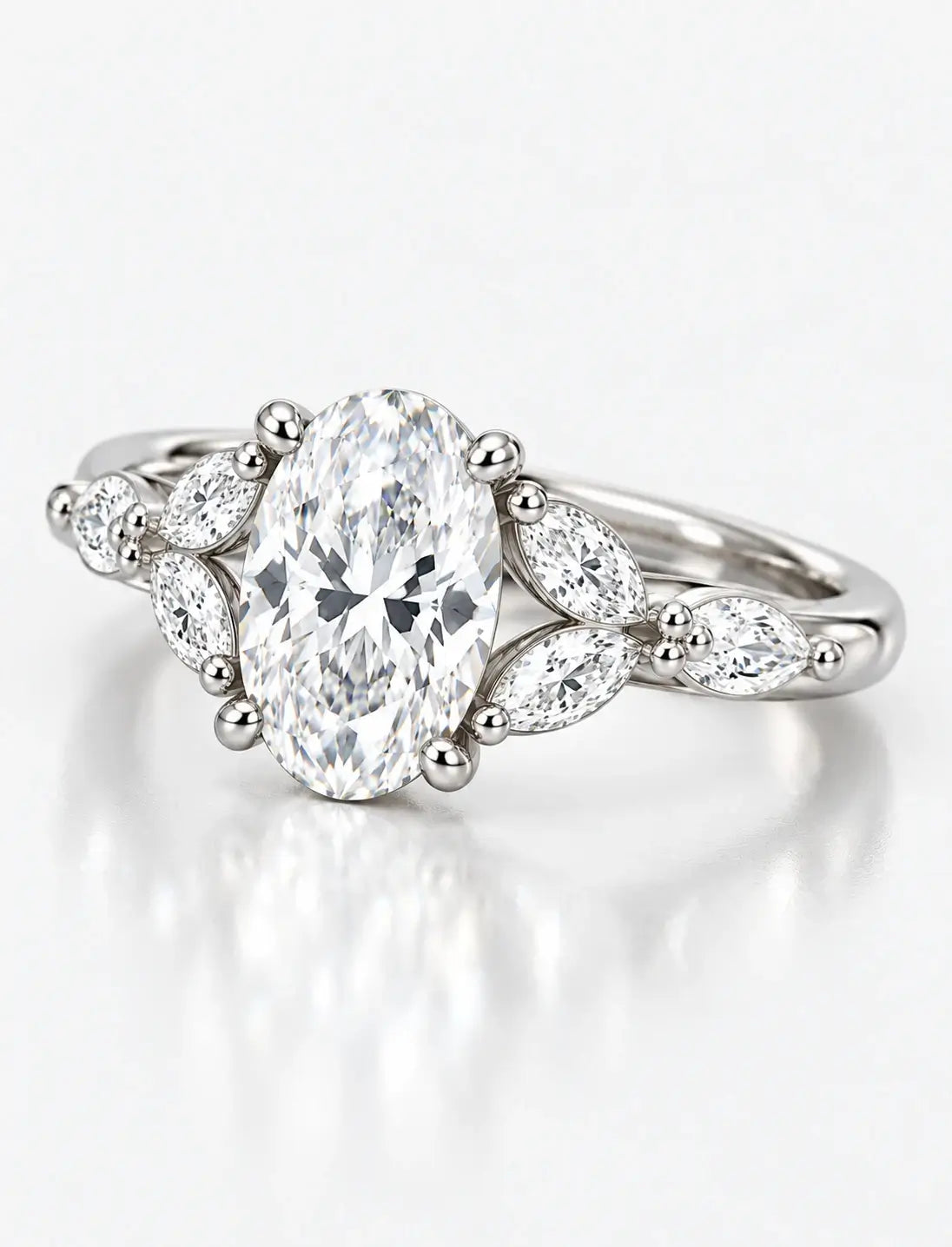 IGI Certified Lab Grown 2.50 Ct Oval Cut Diamond with side Marquise Diamond Engagement Ring in Platinum