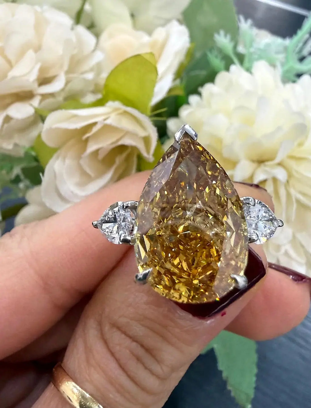 Pear Diamond Fancy Vivid Brownish Engagement Ring side Pear Trilogy Ring IGI Lab Grown in Platinum