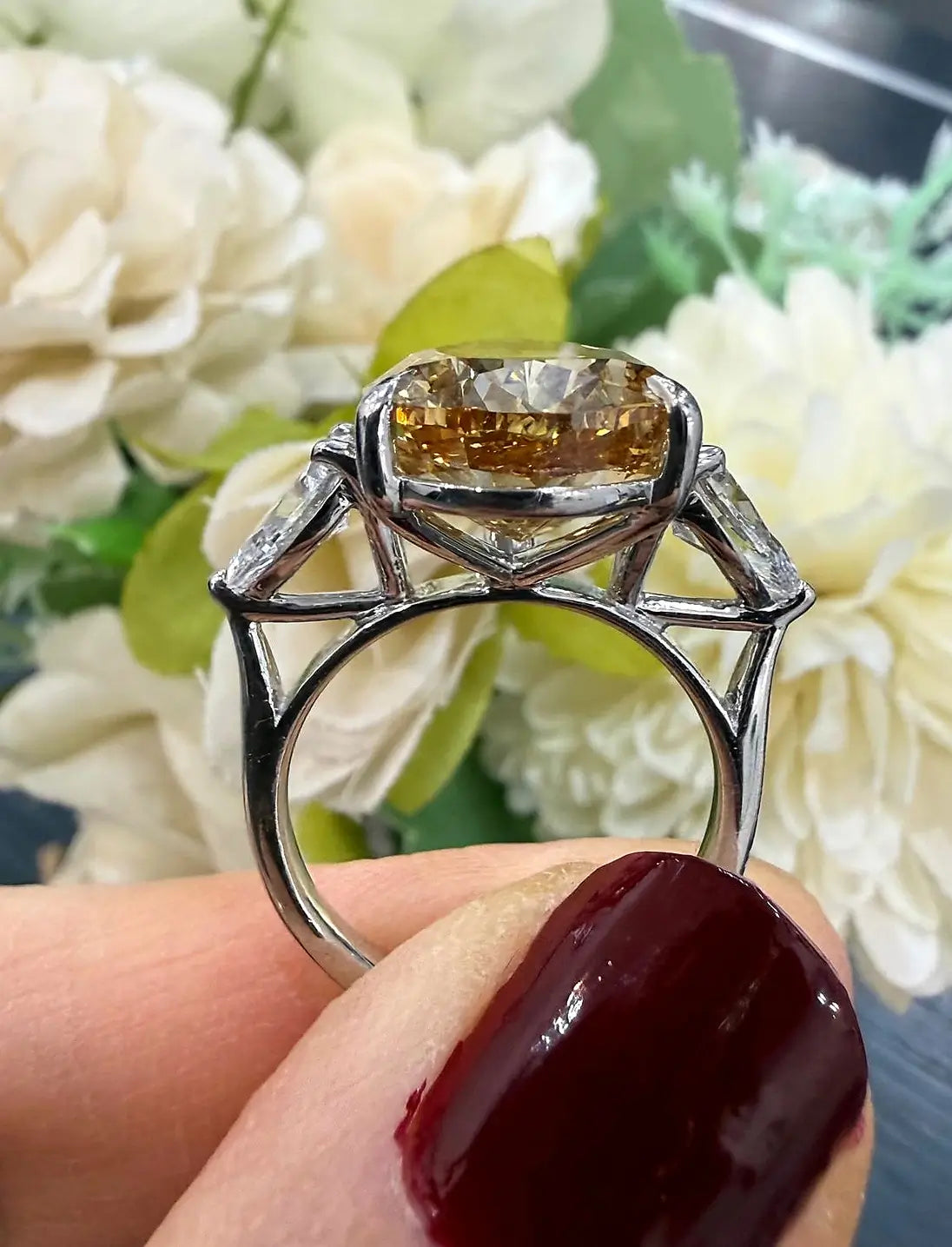 Pear Diamond Fancy Vivid Brownish Engagement Ring side Pear Trilogy Ring IGI Lab Grown in Platinum