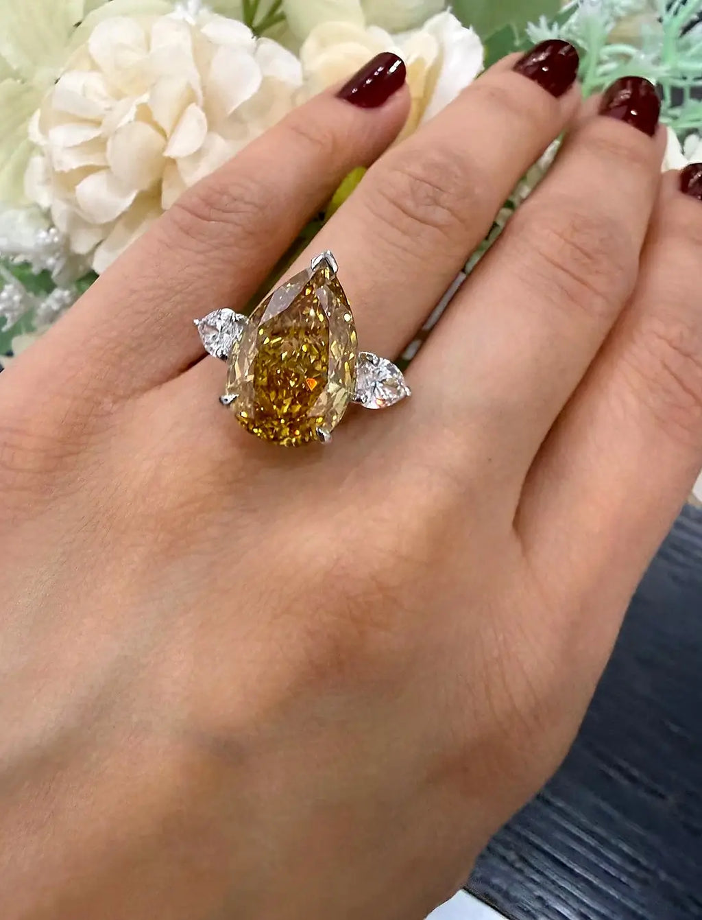 Pear Diamond Fancy Vivid Brownish Engagement Ring side Pear Trilogy Ring IGI Lab Grown in Platinum
